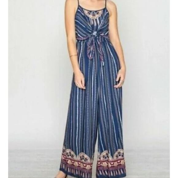 Flying Tomato Jumpsuit Womens X Small Blue Striped Boho Open Back Wide Leg - Picture 3 of 10